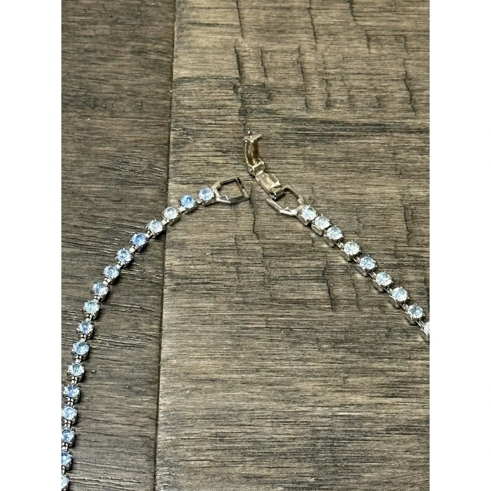 Vintage Prong Set Blue Rhinestone Bib Necklace & Fan Brooch Set Silver Tone 1950